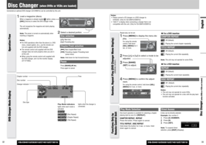 Page 1733English
CQ-C8401U/C8301U/C7401U/C7301U
32
Disc Changer 
(when DVDs or VCDs are loaded)
Connected an optional DVD changer (CX-DH801U) can be controlled by this unit.
CQ-C8401U/C8301U/C7401U/C7301U
Notes:
¡Please connect a CD changer or a DVD changer to
CH/AUX2. (Only for CQ-C8401U/C8301U)
¡“AUX 2” is display when connecting a changer that is not
compatible with this unit. (Only for CQ-C8401U/C8301U)
1
Load a magazine (discs).When a magazine is already loaded( lights), press
[SRC](Source) to select the...