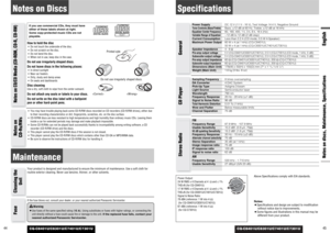 Page 23CQ-C8401U/C8301U/C7401U/C7301U
CQ-C8401U/C8301U/C7401U/C7301U
Specifications
45Notes on discs, Maintenance, Specifications
44
Notes: 
¡Specifications and design are subject to modification
without notice due to improvements.
¡Some figures and illustrations in this manual may be
different from your product.
General
Sampling Frequency8 times oversamplingDA Converter4 DAC SystemPick-Up TypeAstigma 3-beamLight SourceSemiconductor laserWavelength790 nmFrequency Response20 Hz - 20 kHz (±1 dB)Signal to Noise...