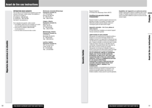 Page 2651
CQ-C8401U/C8301U/C7401U/C7301U
50
Avant de lire ces instructions
CQ-C8401U/C8301U/C7401U/C7301U
Panasonic Canada Inc.
5770 Ambler Drive, Mississauga, Ontario L4W 2T3Certificat de garantie limitée
PANASONICPanasonic Canada Inc. garantit cet appareil contre tout vice de
fabrication et accepte, le cas échéant, de remédier à toute
défectuosité, pendant la période indiquée ci-dessous et
commençant à partir de la date d’achat d’origine.Appareils autoradio – Un (1) an, pièces et
main-d’œuvre(La main-d’œuvre...