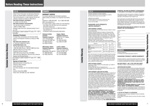 Page 47
CQ-C8401U/C8301U/C7401U/C7301U
6
Before Reading These Instructions
CQ-C8401U/C8301U/C7401U/C7301U
U.S.A.PANASONIC CONSUMER ELECTRONICS COMPANY, 
DIVISION OF MATSUSHITA ELECTRIC CORPORATION OF AMERICA 
One Panasonic Way, Secaucus, New Jersey 07094
PANASONIC SALES COMPANY, 
DIVISION OF MATSUSHITA ELECTRIC OF PUERTO RICO, INC.
Ave. 65 de infanteria, Km. 9.5, San Gabriel Industrial Park
Carolina, Puerto Rico 00985PANASONIC AUTO PRODUCTS 
LIMITED WARRANTYLIMITED WARRANTY COVERAGE
If your product does not...