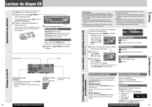 Page 34CQ-C8401U/C8301U/C7401U/C7301U
67FrançaisLecteur de disque CD
66
Lecteur de disque CD
CQ-C8401U/C8301U/C7401U/C7301U
Précautions:
¡Cet appareil ne prend pas en charge les disques de 8 cm (3 po)
.
¡Ne pas utiliser de disques de forme irrégulière. (apage 88)
¡Ne pas utilise un disque sur lequel est apposé un sceau ou
une étiquette.
¡Afin de ne pas endommager le panneau avant, ne pas le
repousser vers le bas ni placer d’objets dessus lorsqu’il est
ouvert.
¡Ne vous pincez pas votre doigt ou la main dans le...