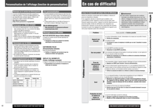 Page 42CQ-C8401U/C8301U/C7401U/C7301U
CQ-C8401U/C8301U/C7401U/C7301U
83FrançaisPersonnalisation de l’affichage (fonction de personnalisation), En cas de difficulté
82
En cas de difficultéLorsqu’on soupçonne que quelque chose est défectueuxVérifiez les indications mentionnées dans les tableaux ci-dessous et
prenez les dispositions indiquées.
Si les suggestions décrites ne résolvent pas le problème, il est
recommandé de confier l’appareil au centre de service après-vente
Panasonic agréé le plus proche. L’appareil...