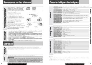 Page 45CQ-C8401U/C8301U/C7401U/C7301U
CQ-C8401U/C8301U/C7401U/C7301U
Caractéristiques techniques
89Remarques sur les disques, Caractéristiques techniques
88
Remarques:
¡Sous réserve de modification des caractéristiques techniques et de la conception sans préavis à des fins d’amélioration de la tech-
nologie.
¡Les figures et illustrations de ce manuel ne sont pas contractuelles.
Généralités
Fréquence d’échantillonnage
Sur-échantillonnage 8 fois
Convertisseur 
numérique-analogiqueSystème à 4 CNAType de tête...