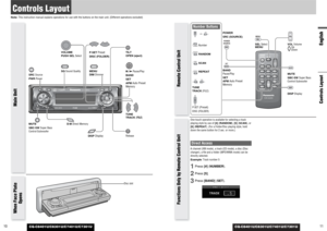 Page 6CQ-C8401U/C8301U/C7401U/C7301U
English
y/5
Pause/Play
BAND
SET
APM 
Auto Preset
Memory
BAND BANDBANDBAND
BAND
11 10
Controls LayoutNote: This instruction manual explains operations for use with the buttons on the main unit. (Different operations excluded)
CQ-C8401U/C8301U/C7401U/C7301U
SRC
CQ-C8401U
One-touch operation is available for selecting a track
playing style by use of [4] (RANDOM), [5] (SCAN), or
[6] (REPEAT). (For a Folder/Disc playing style, hold
down the same button for 2 sec. or more.)Direct...