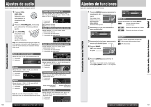 Page 61CQ-C8401U/C8301U/C7401U/C7301U
Ajustes de funcionesAjuste de la visualización del menú de funciones
Ajustes de audio, Ajustes de funcionesEspañol
Visualización del menú de FUNCTION
121 120
Ajustes de audioAjuste de cada altavoz y de un altavoz de subgraves opcional
CQ-C8401U/C8301U/C7401U/C7301UAjuste del volumen principal(Margen de ajuste: 0 a 40, Ajuste predeterminado: 18)
q: Incremento
w: ReducciónGraves(Margen de ajuste: –12 dB a +12 dB, pasos de 2 dB,
ajuste predeterminado: Graves 0)
q: Incremento...