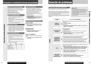 Page 63CQ-C8401U/C8301U/C7401U/C7301U
CQ-C8401U/C8301U/C7401U/C7301U
125
EspañolPersonalice la visualización (función personalizada), Solución de problemas
124
Solución de problemasSi cree que hay algo que no funciona bienEfectúe las comprobaciones y los pasos descritos en las tablas siguientes.
Si las sugerencias descritas no resuelven el problema, le recomendamos llevar la
unidad al centro de servicio técnico Panasonic autorizado que le quede más cerca. El
servicio técnico del producto sólo deberá realizarlo...