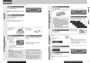 Page 8CQ-C8401U/C8301U/C7401U/C7301U
English
Power onPress [SRC](PWR:Power).Note:The opening screen appears. You can overwrite
opening screen (moving image) with new one. (apage
37)Power offHold down [SRC](PWR)until you hear a
beep, then release it.Note:The ending screen appears. You can change the
ending screen (moving image). (apage 37)
14
GeneralThis chapter explains how to turn on or off the power, how to adjust the volume, etc.
CQ-C8401U/C8301U/C7401U/C7301U
15
You can remove the face
plate to prevent it...