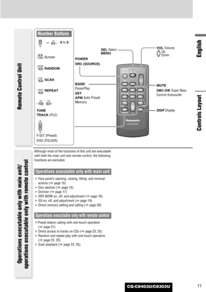 Page 11CQ-C8403U/C8303U
English
11
Although most of the functions of this unit are executable
with both the main unit and remote control, the following
functions are excluded.
Operations executable only with main unit
¡Face panel’s opening, closing, tilting, and removal
actions (apage 15)
¡Disc ejection (apage 15)
¡Dimmer (apage 17)
¡SRS WOW on, off, and adjustment (apage 18)
¡SQ on, off, and adjustment (apage 19)
¡Direct memory setting and calling (apage 20)
Operations executable only with remote control...