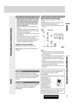 Page 103CQ-C8405U/C8305U101
Español
Reproductor de discos MP3/WMA/AAC
¡No guarde archivos de audio (archivos CD-DA) y archivos
de audio comprimido en el mismo disco. De lo contrario,
pueden producirse problemas durante la reproducción.
¡Si en un mismo disco hay guardados archivos de audio
comprimido de dos o más tipos, cada formato deberá
estar en una carpeta distinta.
¡No escriba archivos que no sean archivos de audio com-
primido.
¡La capacidad de reproducción puede depender de la
combinación del software de...