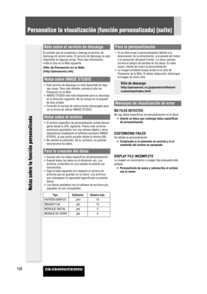 Page 108CQ-C8405U/C8305U106
Notas sobre la función personalizada
Nota sobre el servicio de descarga
Es posible que se suspenda o detenga el servicio de
descarga sin previo aviso. El servicio de descarga no está
disponible en algunas zonas. Para más información,
visite el sitio en la Web siguiente.
Sitio de Panasonic en la Web:
(http://panasonic.net)
Notas sobre IMAGE STUDIO
¡Este servicio de descarga no está disponible en algu-
nas zonas. Para más detalles, acceda al sitio de
Panasonic en la Web.
¡IMAGE STUDIO...