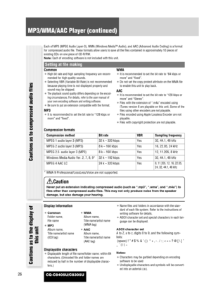 Page 2626
MP3/WMA/AAC Player (continued)
CQ-C8405U/C8305U
Cautions as to compressed audio files
Display Information
Displayable characters
¡Displayable length of file name/folder name: within 64
characters. (Unicoded file and folder names are
reduced by half in the number of displayable charac-
ters.)¡Name files and folders in accordance with the stan-
dard of each file system. Refer to the instructions of
writing software for details.
¡ASCII character set and special characters in each lan-
guage can be...