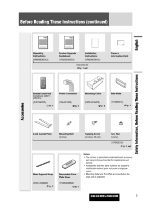 Page 55
Before Reading These Instructions (continued)
English
Safety Information, Before Reading These Instructions
CQ-C8405U/C8305U
Accessories
SEL
SRC
BANDMUTE23 1
5
8
06 4
9 7
#
VOL
DISPCAR AUDIO
MENU
SEL POWER
SOURCE
SRC
SET
BAND MUTE
23 1
5
8
06 4
9 7
#
VOLRANDOM
NUMBER TUNE TUNESCAN REPEAT
DISP
Remote Control Unit(including a battery)
(CR2025)Mounting CollarTrim Plate Power Connector
(EUR7641010)
Qty: 1(FX0214C384ZB)
Qty: 1(YEFC051013)
Qty: 1 (YGAJ021009)
Qty: 1
Lock Cancel PlateMounting Bolt
(5...