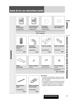 Page 44Avant de lire ces instructions (suite)
Français
Informations sur la sécurité, Avant de lire ces instructions
Accessoires
SEL
SRC
BANDMUTE23 1
5
8
06 4
9 7
#
VOL
DISPCAR AUDIO
MENU
SEL POWER
SOURCE
SRC
SET
BAND MUTE
23 1
5
8
06 4
9 7
#
VOLRANDOM
NUMBER TUNE TUNESCAN REPEAT
DISP
Télécommande
(avec une pile
(CR2025)Cadre de montagePlaque de garniture Connecteur
d’alimentation
(EUR7641010)
Qté: 1(FX0214C384ZB)
Qté: 1(YEFC051013)
Qté: 1 (YGAJ021009)
Qté: 1
Plaque 
anti-blocageBoulon de fixation
(5 mmø)Vis...