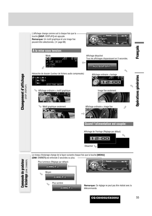 Page 56Opérations générales
Français
L’affichage change comme suit à chaque fois que la
touche [DISP:DISPLAY]est appuyée.
Remarque:Un motif graphique et une image fixe
peuvent être sélectionnés. (apage 68)
Quand l’alimentation est coupée:
Affichage de l’horloge (Réglage par défaut) Mode
Hiérarchie de dossier (Lecteur de fichiers audio compressés)
Affichage ordinaire + motif graphique
Affichage ordinaire + image fixeAffichage ordinaire + horloge
Affichage désactivé
Tous les affichages disparaissent en 5...