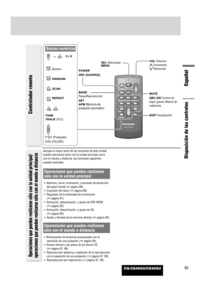 Page 87CQ-C8405U/C8305U
Español
85
Aunque la mayor parte de las funciones de esta unidad
pueden ejecutarse tanto con la unidad principal como
con el mando a distancia, las funciones siguientes
quedan excluidas.
Operaciones que pueden realizarse
sólo con la unidad principal
¡Abertura, cierre, inclinación, y acciones de extracción
del panel frontal (apágina 89)
¡Expulsión del disco (apágina 89)
¡Regulador de la intensidad de iluminación 
(apágina 91)
¡Activación, desactivación, y ajuste de SRS WOW 
(apágina 92)...