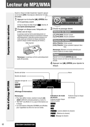 Page 6262
Lecteur de MP3/WMA
CQ-C8413U/C8313U
Organigramme des opérations
Quand un disque est déjà chargé dans l’appareil, appuyer
sur la touche [SRC: Source]pour sélectionner le mode
MP3/WMA.
1Appuyer sur la touche [u] (OPEN)tou-
vrir le panneau avant.
Lorsqu’un disque est déjà chargé ( s’allume), il
sera éjecté automatiquement.
2Charger un disque avec l’étiquette ori-
entée vers le haut.
Le panneau avant se ferme automatiquement, et
l’appareil reconnaît le disque et commence la lecture
automatiquement. (Cela...