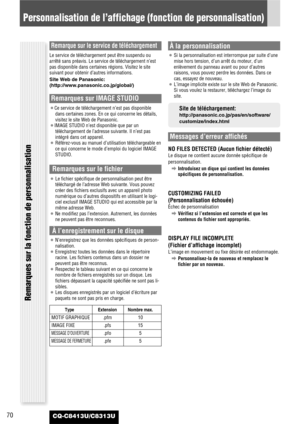 Page 70CQ-C8413U/C8313U70
Remarques sur la fonction de personnalisation
Remarque sur le service de téléchargement
Le service de téléchargement peut être suspendu ou
arrêté sans préavis. Le service de téléchargement n’est
pas disponible dans certaines régions. Visitez le site
suivant pour obtenir d’autres informations.
Site Web de Panasonic:
(http://www.panasonic.co.jp/global/)
Remarques sur IMAGE STUDIO
¡Ce service de téléchargement n’est pas disponible
dans certaines zones. En ce qui concerne les détails,...