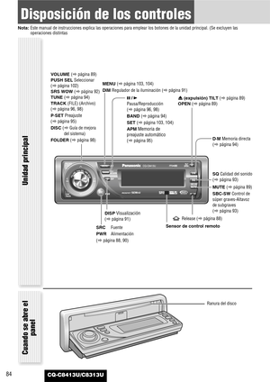 Page 8484
Disposición de los controles
Nota: Este manual de instrucciones explica las operaciones para emplear los botones de la unidad principal. (Se excluyen las
operaciones distintas
CQ-C8413U/C8313U
Unidad principal
Ranura del disco
Cuando se abre el
panel
y/5
Pausa/Reproducción 
(apágina 96, 98)
BAND (apágina 94)
SET (apágina 103, 104)
APM 
Memoria de
preajuste automático 
(apágina 95)
SRCFuente
PWRAlimentación 
(apágina 88, 90)SQ Calidad del sonido
(apágina 93) MENU (apágina 103, 104)
DIM Regulador de la...