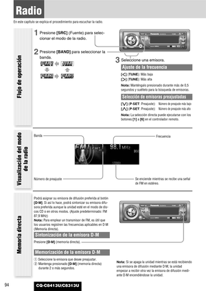 Page 9494
Radio
En este capítulo se explica el procedimiento para escuchar la radio.
CQ-C8413U/C8313U
1Presione [SRC](Fuente) para selec-
cionar el modo de la radio.
2Presione [BAND]para seleccionar la
banda.
3Seleccione una emisora.
Ajuste de la frecuencia
[]] (TUNE): Más baja
[[] (TUNE): Más alta
Nota:Manténgalo presionado durante más de 0,5
segundos y suéltelo para la búsqueda de emisoras.
Selección de emisoras preajustadas
[{] (P·SET: Preajuste):Número de preajuste más bajo
[}] (P·SET: Preajuste):Número de...