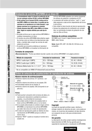 Page 107107
Español
CQ-C8803U
¡Le recomendamos reducir al mínimo la producción de dis-
cos que contengan archivos CD-DA y archivos MP3/WMA.
¡Si hay archivos con el formato CD-DA y archivos del for-
mato MP3 o WMA en el mismo disco, es posible que las
canciones no se reproduzcan en el orden deseado, o que
algunas canciones no se reproduzcan en absoluto.
¡Cuando almacene datos MP3 y datos WMA en el mismo
disco, hágalo en carpetas distintas para cada tipo de
datos.
¡No grabe archivos que no sean archivos MP3/WMA...