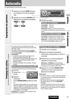 Page 61Français
CQ-C8803U
Autoradio
61
Autoradio 
Ce chapitre explique comment écouter la radio.
1Appuyer sur la touche [SRC] (Source)
pour sélectionner le mode de réception
radio.
2Appuyer sur la touche [BAND]pour
sélectionner une bande de réception.
3Choisir une station.
Réglage de la fréquence
[]] (TUNE):Inférieure
[[] (TUNE):Supérieure
Remarque:Maintenir la touche enfoncée plus de
0,5 seconde et la relâcher pour chaque recherche de
station.
Sélection la station préréglée
[{] (P·SET: Préréglage): Numéro...