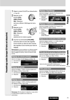 Page 71Français
71CQ-C8803U
Réglage du volume principal
(Gamme de réglage: 0 à 40, Réglage par défaut: 18)
q: Accroissement
w: Réduction
Réglage de graves
(Gamme de réglage: –12 dB à +12 dB, par paliers de 2
dB, Réglage par défaut: Graves 0 dB)
q: Accroissement
w: Réduction
Réglage d’aigus
(Gamme de réglage: –12 dB à +12 dB, par paliers de 2
dB, Réglage par défaut: Aigus 0 dB)
q: Accroissement
w: Réduction
Remarque:Afin de prévenir la distortion, ne pas activer
en même temps la qualité du son (SQ) et les...