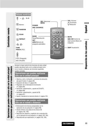 Page 8989
Español
CQ-C8803U
Aunque la mayor parte de las funciones de esta unidad
pueden ejecutarse tanto con la unidad principal como
con el mando a distancia, las funciones siguientes
quedan excluidas.
Operaciones que pueden realizarse
sólo con la unidad principal
¡Abertura, cierre, inclinación, y acciones de extracción
del panel frontal (apágina 93)
¡Expulsión del disco (apágina 93)
¡Regulador de la intensidad de iluminación 
(apágina 95)
¡Activación, desactivación, y ajuste de CS AUTO 
(apágina 96)...