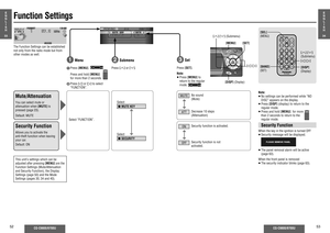 Page 2152
CQ-C9800/9700U
CQ-C9800/9700U
53
2
 Submenu
Press ["] or [#].
Function Settings
E
N
G
L
I
S
H
33
E
N
G
L
I
S
H
34
Mute/AttenuationYou can select mute or 
attenuation when [MUTE] is 
pressed (page 23).
Default: MUTE
No sound
(Mute)
Decrease 10 steps
(Attenuation)
Security FunctionAllows you to activate the 
anti-theft function when leaving 
your car.
Default: ON Security function is activated.
Security function is not 
activated.
Security FunctionWhen the key in the ignition is turned OFF
≥...