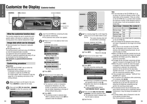 Page 2254
CQ-C9800/9700U
CQ-C9800/9700U
55
Customize the Display 
(Customize function)
[%] [$] (Select)
["] [#]  
(Select)
[SEL] (Select)
What the customize function doesThis function enables the user to rewrite the unit’s
graphic pattern, still picture or opening or closing 
moving picture into a desired replacement image.Image data which can be changed≥ Data downloaded from Panasonic’s dedicated 
web site
≥ Data generated by a PCThe rewriting process is performed using a CD-R/RW disc 
on which the...