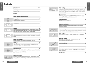 Page 520
CQ-C9800/9700U
CQ-C9800/9700U
21
E
N
G
L
I
S
H
1
E
N
G
L
I
S
H
2
Audio Settings ....................................................... 42Volume, DC (Dynamic Control) (bass/treble), balance/fader, subwoofer level, 
subwoofer low pass ﬁ lter (LPF), high pass ﬁ lter (HPF), SQ adjustment (SQ 
ADJUSTMENT), SQ preset memory setting (SQ PRESET MEMORY), position 
setting (POSITION)Display Settings..................................................... 50Background display selection (GRAPHIC PATTERN),...