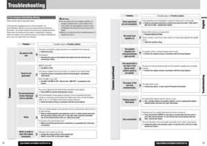 Page 22CQ-C9901U/C9801U/C9701U
CQ-C9901U/C9801U/C9701U
43 42EnglishTroubleshooting
Common (continued)
Some operations
are not executable.
Some operations are not executable in particular modes such as menu mode.
aRead the operating instructions carefully and cancel the mode. 
If the unit is
still out of order, consult your dealer.
Problem
Possible cause
aPossible solution
No sound from
speaker (s)
Balance/Fader setting is not appropriate.a
Readjust Balance/Fader.
There is a break, a short circuit, poor contact...