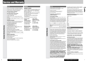 Page 47English
CQ-C9901U/C9801U/C9701U
6
CQ-C9901U/C9801U/C9701U
Service and Warranty
Limited Warranty
Customer Services Directory
U.S.A.Obtain Product Information and Operating Assistance;
locate your nearest Dealer or Servicenter; purchase Parts
and Accessories; or make Customer Service and
Literature requests by visiting our Web Site at:
http://www.panasonic.com/support
or, contact us via the web at:
http://www.panasonic.com/contactinfo
You may also contact us directly at:
1-800-211-PANA (7262),...