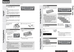 Page 8CQ-C9901U/C9801U/C9701U
English
Power onPress [SRC](PWR: Power).Notes:
¡The opening screen appears. You can overwrite the
opening screen (moving picture) with new one. (a
page 40)
¡When the power is switched on for the first time, a
demonstration message appears on the display. Press
[DISP]to change to regular mode. (apage 12)Power offHold down [SRC](PWR: Power) for 2 sec.
or more.Note:The ending screen appears. You can overwrite the
ending screen (moving picture) with new one. (apage
40)
14
GeneralThis...