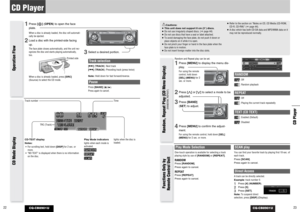 Page 12CQ-CB8901U
23CD Player
22
CD Player
CQ-CB8901U
Cautions:
¡This unit does not support 8 cm (3”) discs.
¡Do not use irregularly shaped discs. (apage 44)
¡Do not use discs that have a seal or label attached.
¡To avoid damaging the face plate, do not push it down or
place objects on it while it is open.
¡Do not pinch your finger or hand in the face plate when the
face plate is in motion.
¡Do not insert foreign matter into the disc slots.¡Refer to the section on “Notes on CD, CD Media (CD-ROM,
CD-R, CD-RW)”...