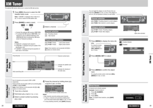 Page 15CQ-CB8901U
29XM Tuner
28
XM TunerThe optional XM receiver allows you to receive the XM radio service.
CQ-CB8901U
Operation Flow
1
Press [SRC](Source) to select the XM
Satellite Radio mode.Note:“LOADING” is displayed when it takes for 2
sec. or more to receive the XM satellite radio.
2
Press [BAND]to select a band.¡Connect the optional XM receiver (XMD1000).¡To connect the XM receiver (XMD1000), it is
required to use an optional extension cord(XMDPAN100) 
that is produced by XM exclu-
sively for Panasonic...