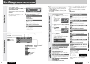 Page 16CQ-CB8901U
31Disc Changer (When CDs or MP3 discs are loaded) 
30
Disc Changer
(When CDs or MP3 discs are loaded)
Connected an optional CD changer or an optional DVD changer can be controlled by this unit.
CQ-CB8901U
Notes:
¡Please connect a CD changer or a DVD changer to AUX 2.
¡“AUX 2” is display when connecting a changer that is not
compatible with this unit.
¡When CX-DP880 or CX-DH801U is connected, a CD-RW
disc is playable.¡Trouble may occur while playing CD-Rs. Refer to the section
on “Notes on...