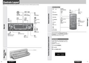 Page 6CQ-CB8901U
y/5
Pause/Play
BAND
SET
APM 
Auto Preset
Memory
BAND BANDBANDBAND
BAND
11 10
Controls LayoutNote: This instruction manual explains operations for use with the buttons on the main unit. (Different operations excluded)
CQ-CB8901U
SRC
CQ-CB8901U
One-touch operation is available for selecting a track
playing style by use of [4] (RANDOM), [5] (SCAN), or
[6] (REPEAT). (For a Folder/Disc playing style, hold
down the same button for 2 sec. or more.)Direct AccessA channel (XM mode), a track (CD mode),...