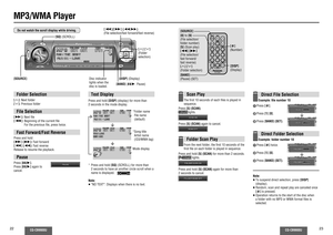 Page 1222
CQ-CB9900U
CQ-CB9900U
23
Folder Selection ["]: Next folder
[#]: Previous folderFile Selection[9]: Next ﬁ le
[:]:  Beginning of the current ﬁ le
For the previous ﬁ le, press twice.Fast Forward/Fast ReversePress and hold
[9] (5): Fast forward
[:] (6): Fast reverse
Release to resume the playback.PausePress [;/1].
Press [;/1] again to 
cancel.MP3/WMA Player
 Do not watch the scroll display while driving.
[:]/[9] (6/5)
(File selection/fast forward/fast reverse)
[SOURCE]
Scan PlayThe ﬁ rst 10 seconds of...