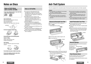 Page 2548
CQ-CB9900U
CQ-CB9900U
49
Notes on Discs
Notes on CD-Rs/RWs≥ You may have trouble playing back some 
CD-R/RW discs recorded on CD recorders 
(CD-R/RW drives), either due to their recording 
characteristics or dirt, ﬁ ngerprints, scratches, etc. 
on the disc surface.
≥ CD-R/RW discs are less resistant to high 
temperatures and high humidity than ordinary 
music CDs. Leaving them inside a car for 
extended periods may damage them and make 
playback impossible.
≥ Some CD-R/RWs cannot be played back...