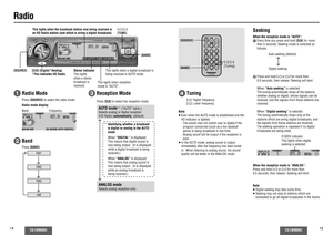 Page 814
CQ-CB9900U
CQ-CB9900U
15
Radio
[%] [$] 
(TUNE)
[D/A] (Digital*/Analog)
*This indicates HD Radio. [SOURCE]
6 4
9 75
Car Audio
SOURCEMUTEPOWERRAND
VOL3 12DISP BANDREP
6
5SET
SEL#SCANMENU
NUMBER8
0
[SOURCE]
[%] [$]
(Tuning)
[BAND]
Stereo indicator
This lights 
when a stereo 
broadcast is 
received.
Radio ModePress [SOURCE] to select the radio mode.
Radio mode display
1
Reception ModePress [D/A] to select the reception mode.
3
Frequency Band
BandPress [BAND].
2
FM1
Tuning[$]: Higher frequency
[%]: Lower...