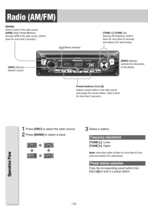 Page 12Radio (AM/FM)
VOL
SRC/PWR1
2
3
456
CQ-CM130U
TUNE/TRACKFOLDER
SCROLLRANDOMSCANREPEAT
PUSHSEL
SQ
APMBAND
1
2
3456SRC/PWR
DISP
[TUNE]] [TUNE []
down/up the frequency. (Hold it
down for more than 0.5 seconds
and release it for seek tuning.) [BAND]
selects a band in the radio source.
[APM](Auto Preset Memory)executes APM in the radio source. (Hold it
down for more than 2 seconds.)
[DISP](Display)
switches the information
on the display.
[SRC](Source)
selects a source.
Preset buttons [1] to [6]
selects a...