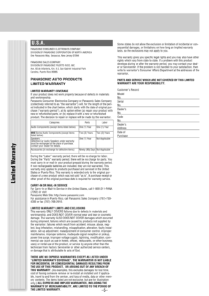 Page 5Limited Warranty
U.S.A.
PANASONIC CONSUMER ELECTRONICS COMPANY, 
DIVISION OF PANASONIC CORPORATION OF NORTH AMERICA 
One Panasonic Way, Secaucus, New Jersey 07094
PANASONIC SALES COMPANY, 
DIVISION OF PANASONIC PUERTO RICO, INC.
Ave. 65 de infanteria, Km. 9.5, San Gabriel Industrial Park
Carolina, Puerto Rico 00985
PANASONIC AUTO PRODUCTS 
LIMITED WARRANTY
LIMITED WARRANTY COVERAGE
If your product does not work properly because of defects in materials
and workmanship.
Panasonic Consumer Electronics...