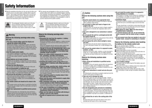 Page 232E
N
G
L
I
S
H
CQ-D5501U
21E
N
G
L
I
S
H
CQ-D5501U
Safety Information
Warning
Observe the following warnings when using
this unit.❑
The driver should neither watch the display nor
operate the system while driving.Watching the display or operating the system will distract
the driver from looking ahead of the vehicle and can cause
accidents. Always stop the vehicle in a safe location and use
the parking brake before watching the display or operating
the system.❑
Use the proper power supply.This product is...