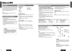 Page 14271E
N
G
L
I
S
H
CQ-D5501U
2625E
N
G
L
I
S
H
CQ-D5501U
26
Root Folder
(Root Directory)
Folder Selection
File Selection
Tree 1 Tree 2 Tree 3 Tree 4 Tree 8
(Max.)2 1
34
q
q we
r
t
yy5
6
8
1
8
7
–
In the order
–
In the order
Notes on MP3What is MP3 ?MP3 (MPEG Audio Layer-3) is the compression format of digital
audio. It is developed by MPEG (Motion Picture Experts Group).
Using this compression format, you can record the contents of
about 10 music CDs on a single CD (This figure refers to data
recorded on a...