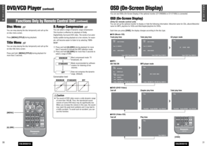 Page 163130E
N
G
L
I
S
H
CQ-D5501U
3029E
N
G
L
I
S
H
CQ-D5501U
OSD (On-Screen Display)You can see OSDs (On-Screen Display) if the optional monitor (CY-VH9300U or CY-V7100U) is connected.OSD (On-Screen Display)(Only for remote control unit)
You can set up the optional monitor to display or hide the following information: title/artist name for CDs, album/title/artist
name for MP3, playtime for VCDs and title/chapter/playtime for DVDs.
Each time you press [OSD], the display changes according to the disc type....