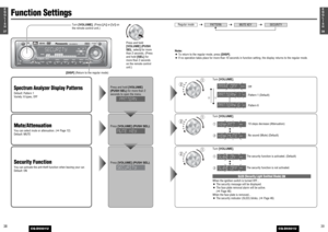 Page 20391E
N
G
L
I
S
H
CQ-D5501U
3837E
N
G
L
I
S
H
CQ-D5501U
38
Note:
¡To return to the regular mode, press [DISP].
¡If no operation takes place for more than 10 seconds in function setting, the display returns to the regular mode.
Function SettingsMute/AttenuationYou can select mute or attenuation. (aPage 12)
Default: MUTE
Press[VOLUME] (PUSH SEL)
.
Turn [VOLUME].
: 10 steps decrease (Attenuation)
: No sound (Mute) (Default)wq
Spectrum Analyzer Display PatternsDefault: Pattern 1
Variety: 6 types, OFF
Press...