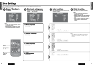 Page 214140E
N
G
L
I
S
H
CQ-D5501U
4039E
N
G
L
I
S
H
CQ-D5501U
User SettingsThe following information explains the settings only about the disc player and displayed contents on the screen. 
(Only for Remote Control Unit)
1. Menu Language
Default: English
1. English
2. French
3. Spanish
4. Chinese
5. German
6. Italian
7. Other(aPage 44)
8. Return The display returns to “Main Menu”.
4. OSD Language
Default: English
3. Audio Language
Default: English
2. Subtitle Language
Default: English
1. English
2. French
3....