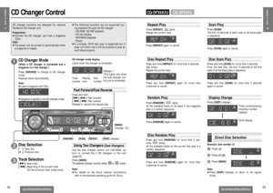 Page 13CQ-DFX683/DF583/DF203U
CQ-DFX683/DF583/DF203U
E
N
G
L
I
S
H
18
33
Example: disc number 101
Press .
2
Press [1] [0].
3
Press [BAND].
[  ]#
Note:
≥Press [DISP](display) to return to the regular
mode.
E
N
G
L
I
S
H
1732
CD Changer Control
CD Changer Mode(When a CD changer is connected and a
magazine is in the changer.)
Press [SOURCE] to change to CD changer
mode.
Playback starts automatically.
Note:
≥Load a magazine with CDs.
≥Magazine is ejected in the CD changer mode.Disc Selection[]:Next disc....