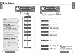 Page 14CQ-DFX683/DF583/DF203U
CQ-DFX683/DF583/DF203U
E
N
G
L
I
S
H
20
35
E
N
G
L
I
S
H
1934
Audio Settings
Note:
≥Press [DISP](display) to return to the
regular mode.
≥If no operation takes place for more
than 7 seconds in audio setting, the
display returns to the regular mode. [VOL ]:Increases the bass.
[VOL #]:Decreases the bass.
[VOL ]:Increases the treble.
[VOL #]:Decreases the treble.
[VOL ]: Right enhanced.
[VOL #]:Left enhanced.
[VOL ]: Front enhanced.
[VOL #]:Rear enhanced.
[VOL ]:Increases the level....