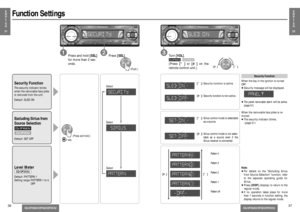 Page 15CQ-DFX683/DF583/DF203U
CQ-DFX683/DF583/DF203U
E
N
G
L
I
S
H
22
37
E
N
G
L
I
S
H
2136
Function Settings
Security Function
When the key in the ignition is turned
OFF.
≥Security message will be displayed.
≥
The panel removable alarm will be active.
(page 51)When the removable face plate is re-
moved.
≥The security indicator blinks.
(page 51)
Level MeterDefault: PATTERN 1
Setting range: PATTERN 1 to 4,
OFFCQ-DF203USecurity FunctionThe security indicator blinks
when the removable face plate
is removed from...